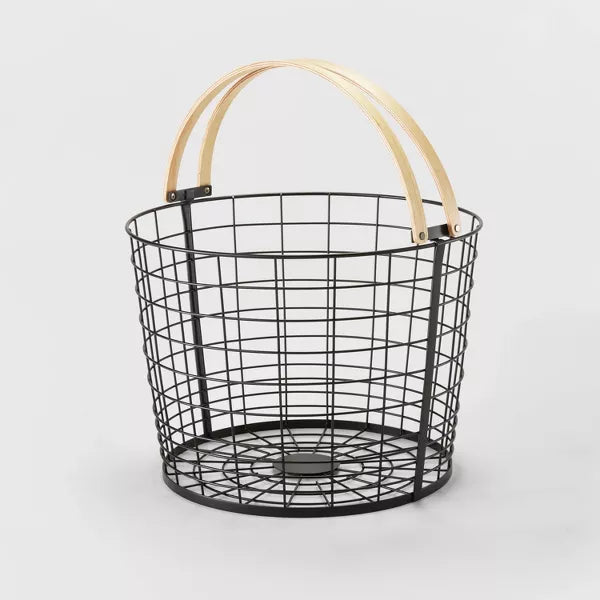 Round Black Wire with Natural Wood Handles Floor Basket