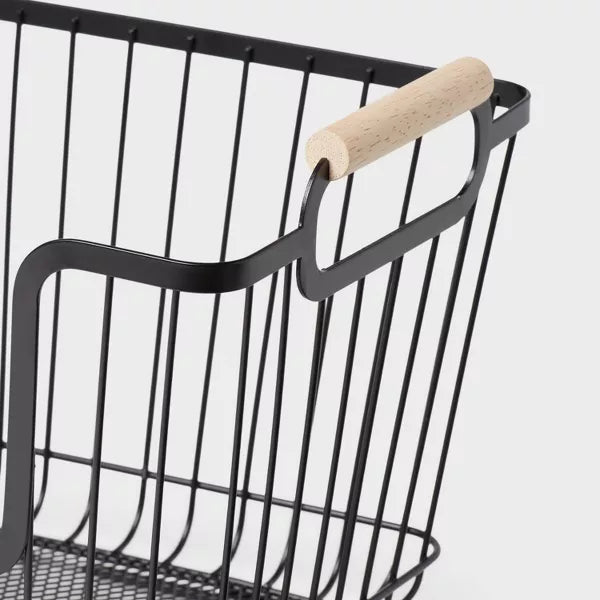 Metal Stackable Wire Pantry Basket with Rubber Wood Handle Black