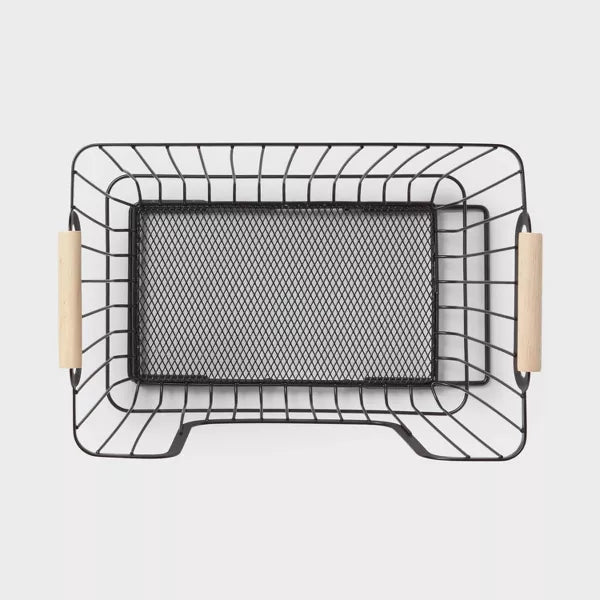 Metal Stackable Wire Pantry Basket with Rubber Wood Handle Black