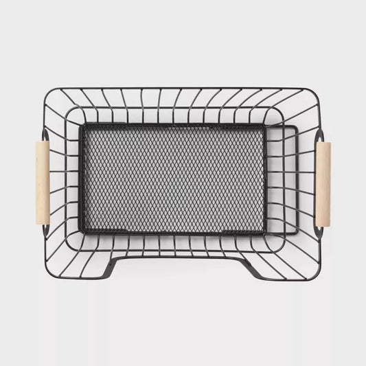 Metal Stackable Wire Pantry Basket with Rubber Wood Handle Black