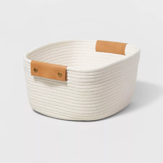 13" Decorative Coiled Rope Square Base Tapered Basket Small Cream