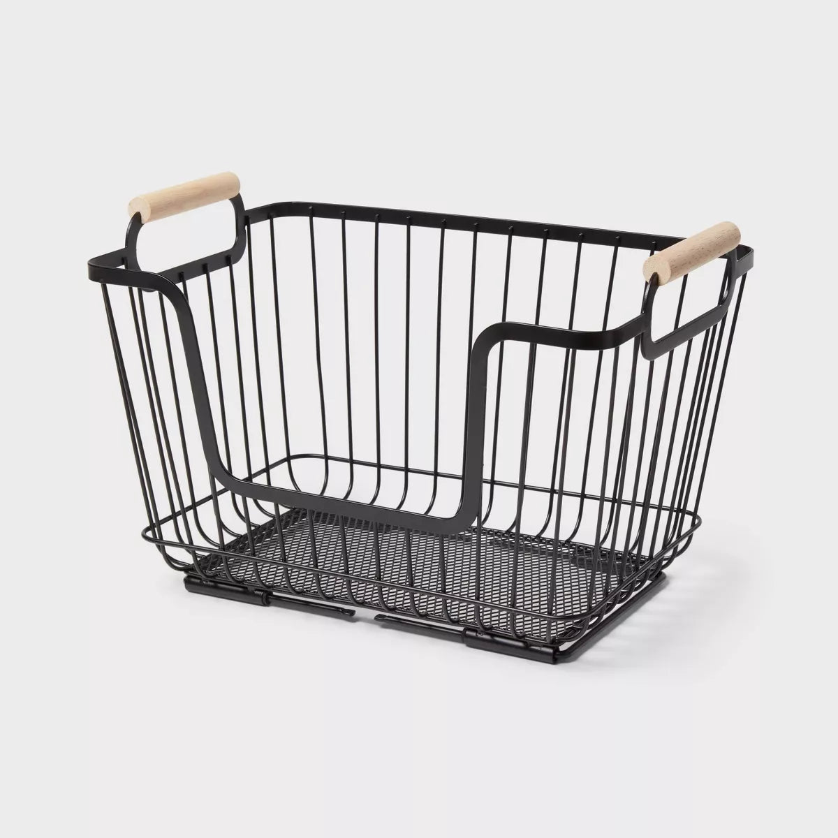 Metal Stackable Wire Pantry Basket with Rubber Wood Handle Black