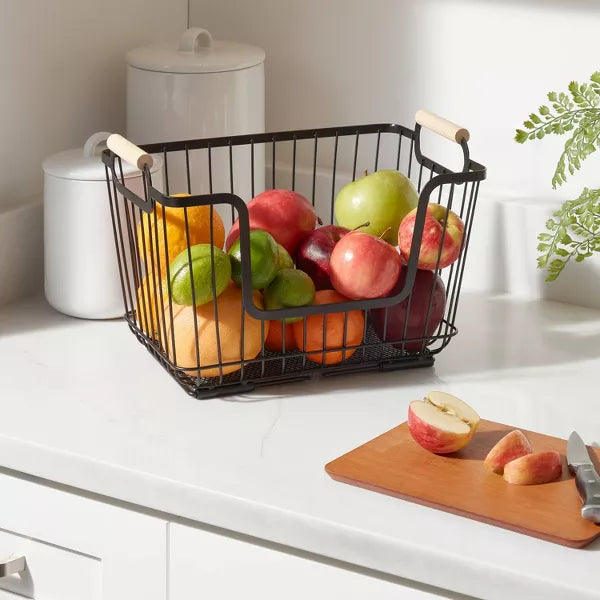 Metal Stackable Wire Pantry Basket with Rubber Wood Handle Black