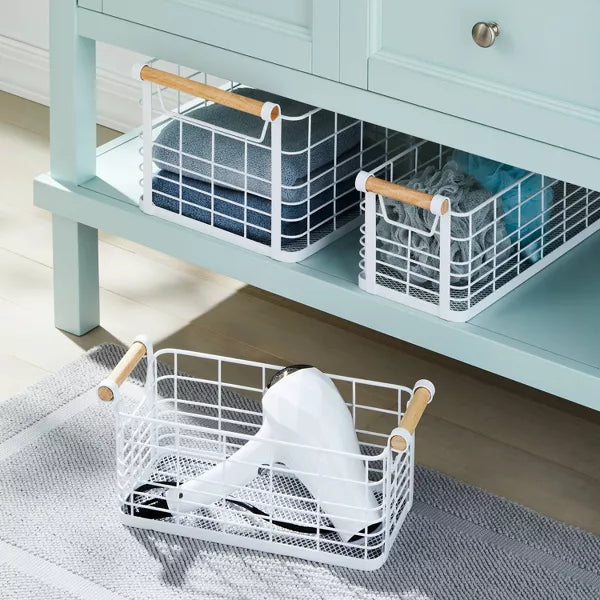 Rectangular Wire Natural Wood Handles Basket