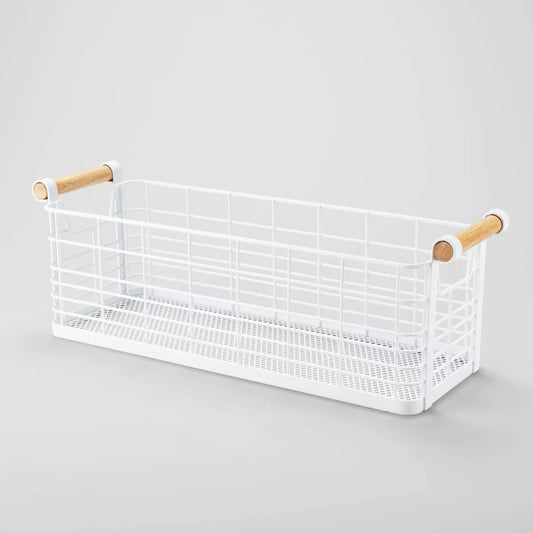 Rectangular Wire Natural Wood Handles Basket