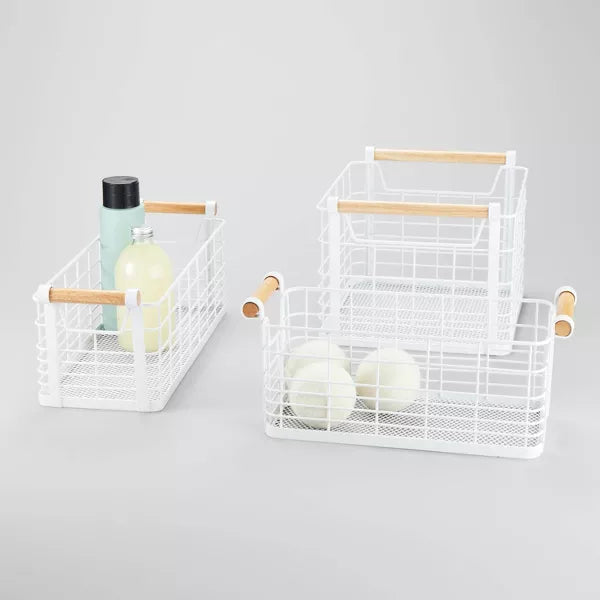 Rectangular Wire Natural Wood Handles Basket